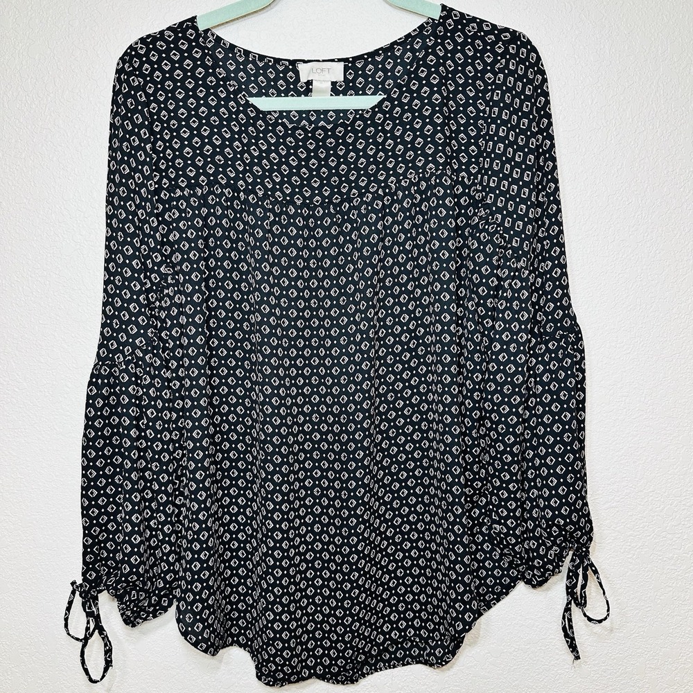 LOFT Women's Large Black White Geometric Print Blouse Long Sleeve Tie Cuff Top